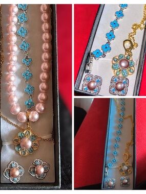 Gold Floral Pendant Necklace with Pink Pearl and Turquoise Accents